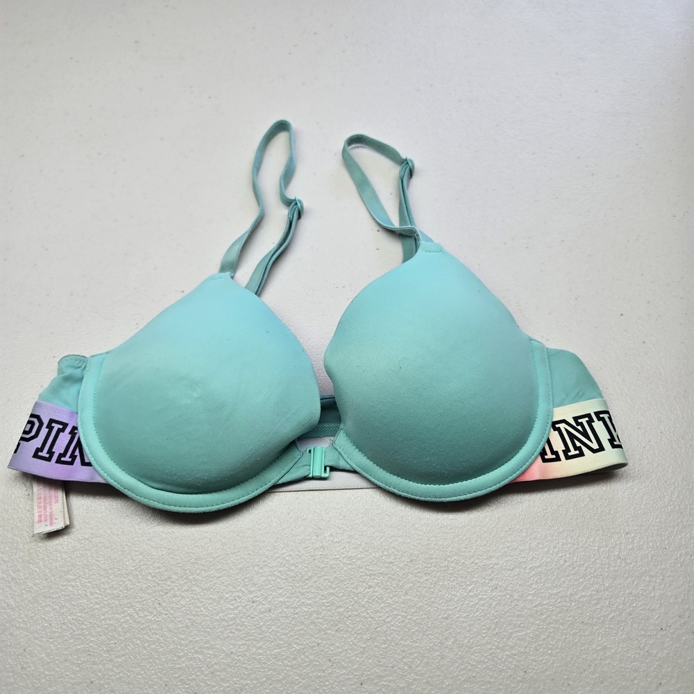 Victoria's Secret PINK Women Bra 32 Blue Pastel Rainbow Wear Everywhere READ